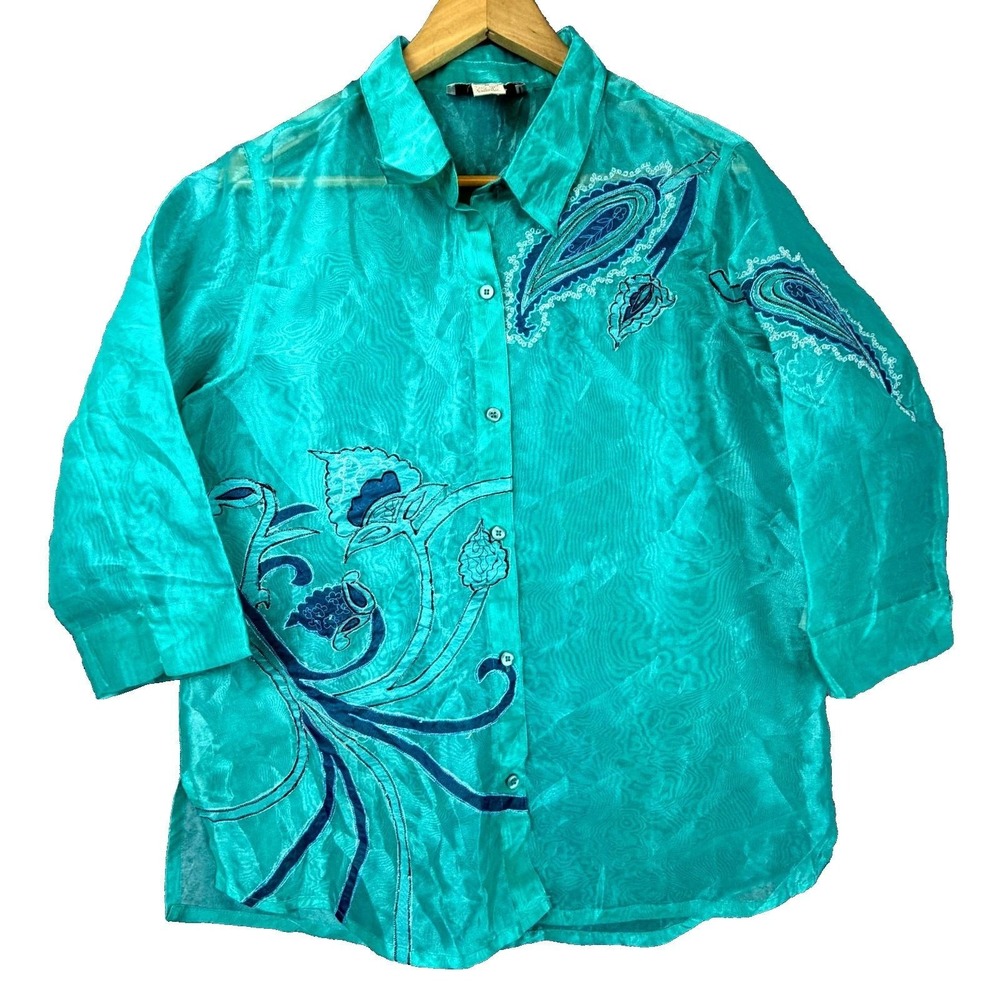 Vintage C.l.o.t.h.e.s‎ Shirt Womens Med Blue Sheer Paisley Coastal Grandma Shiny